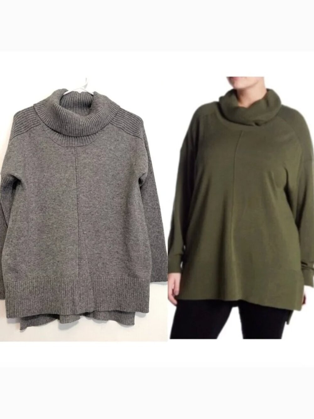 CABLE & GAUGE Cowl Neck Sweater Gray Flecked Speckled Hi-Lo Hem Tunic Sweater L